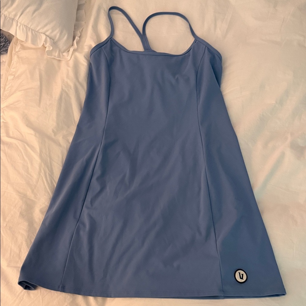Light Blue V-neck Spaghetti Strap Dress with Logo Patch